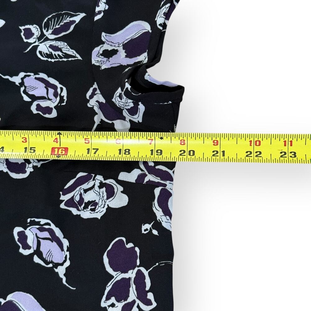 DR2 Black Purple Floral Chiffon Blouse M V-Neck Cap Sleeve Sheer Top Office - Picture 6 of 8